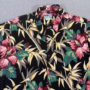 VTG Reyn Spooner Hawaiian Shirt Mens Large Black Floral Hibiscus Camp Shirt AOP